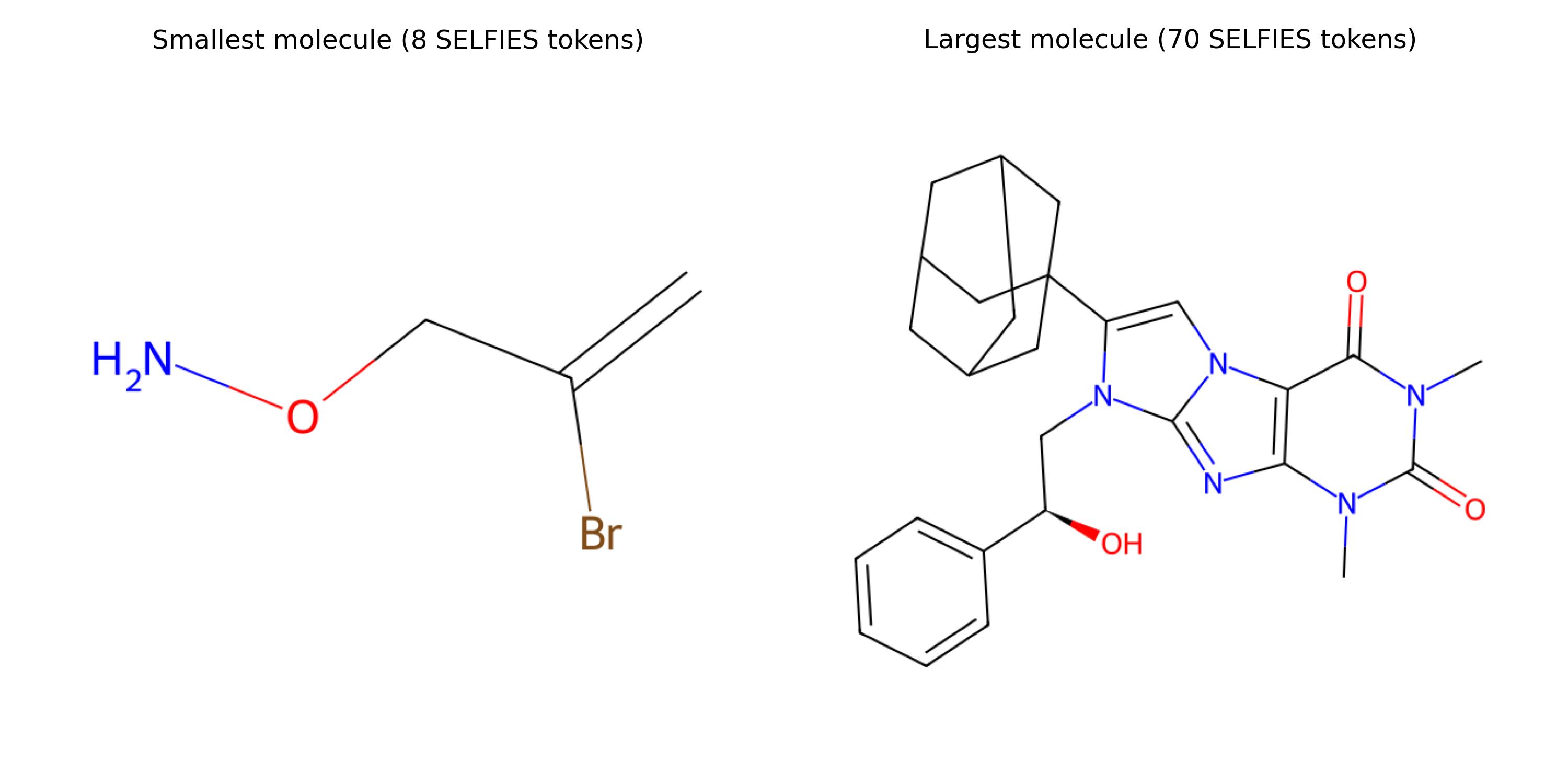 Smallest and largest molecules in terms of their SELFIES length.